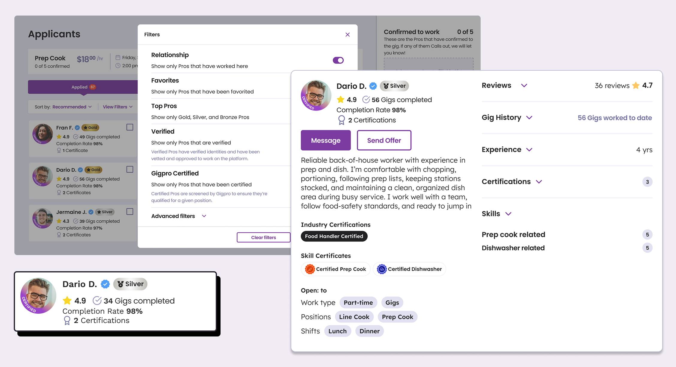 Applicant list with filters and an expanded Pro profile showing skill certificates, industry certifications, and reviews